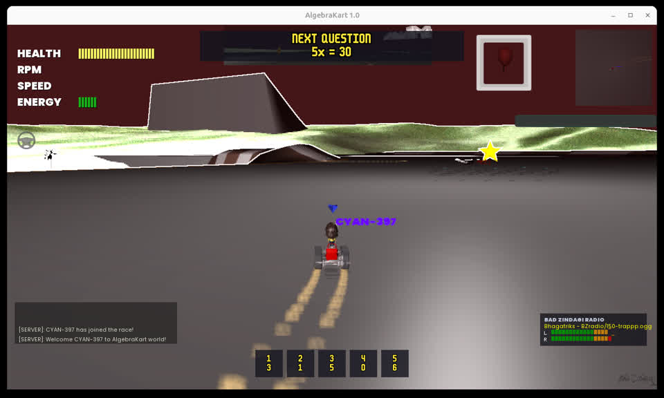 Algebra Kart gameplay screenshot showing an in-race algebra question, 5x = 30, with answer choices