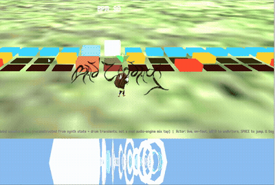 Live in-engine footage of Turiya: a player walking a beat track as colored tiles react to a kick and snare pattern, with a reconstructed audio waveform playing underneath